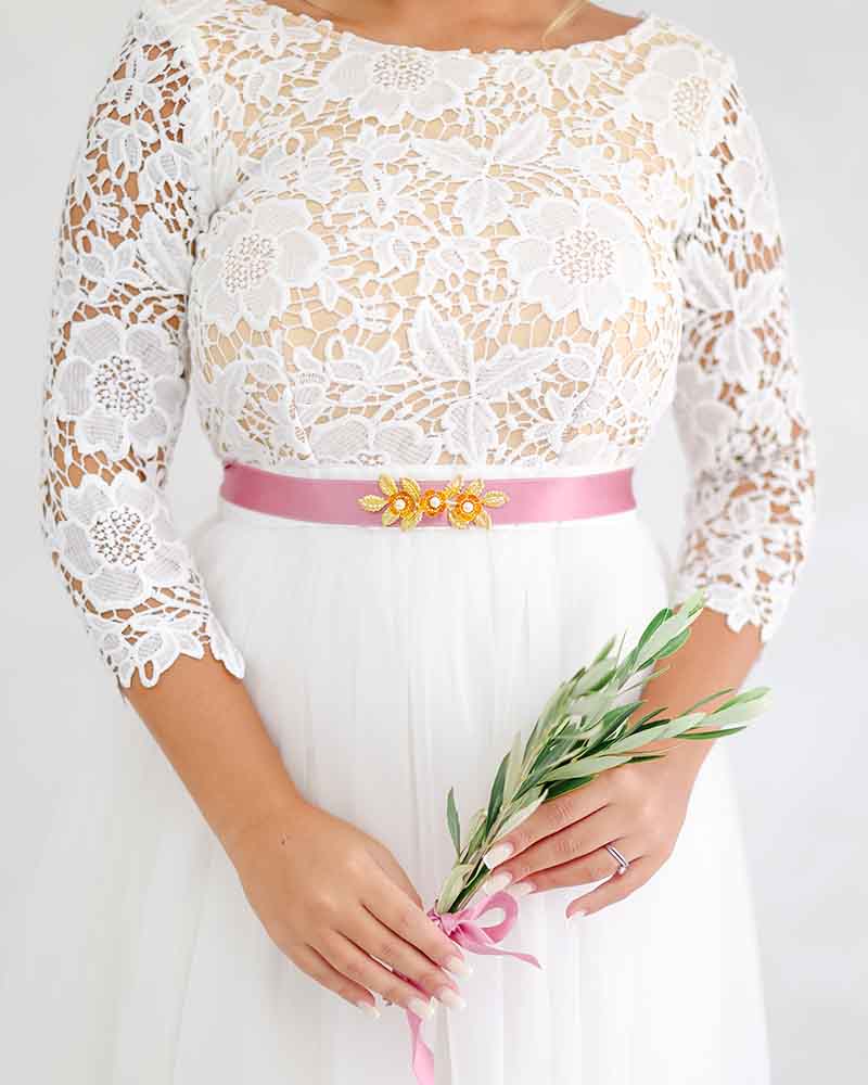 Ceinture de mariée Leavy – motif floral doré sur ruban  vieux rose