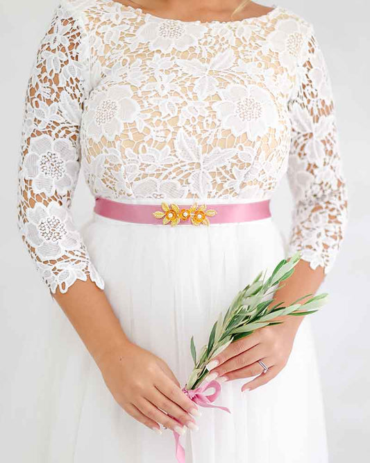 Ceinture de mariée Leavy – motif floral doré sur ruban  vieux rose