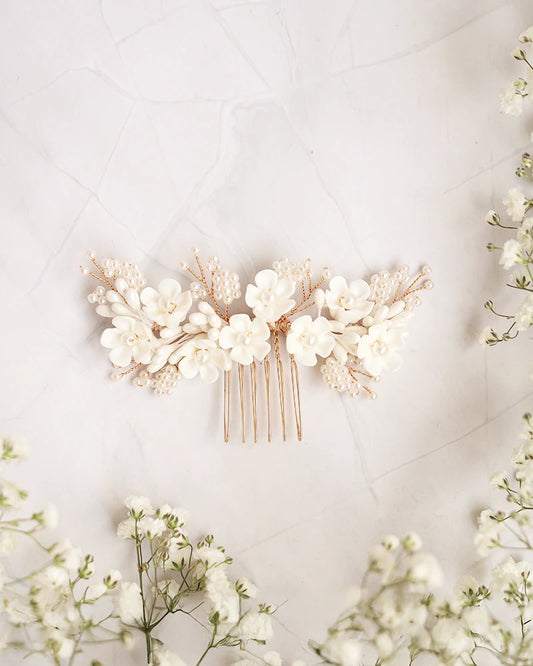 Peigne mariée blanc et doré - Atelier Sarah Aime