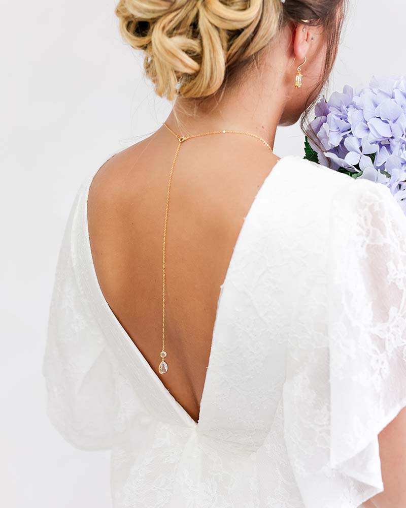 Bijou de dos Jade – chute longue avec cristal pour robe dos nu mariée - Collier de dos 
