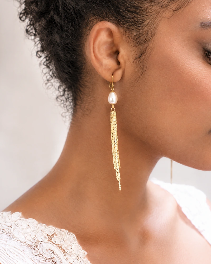 Boucles d’oreilles mariée Doré et perles - Amina – Création française Atelier Sarah Aime