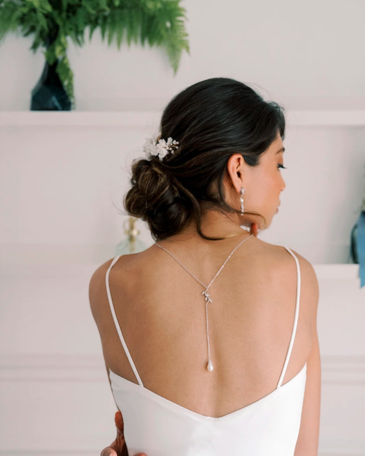 Jalane - Collier de Dos Mariage à Perles et Feuilles