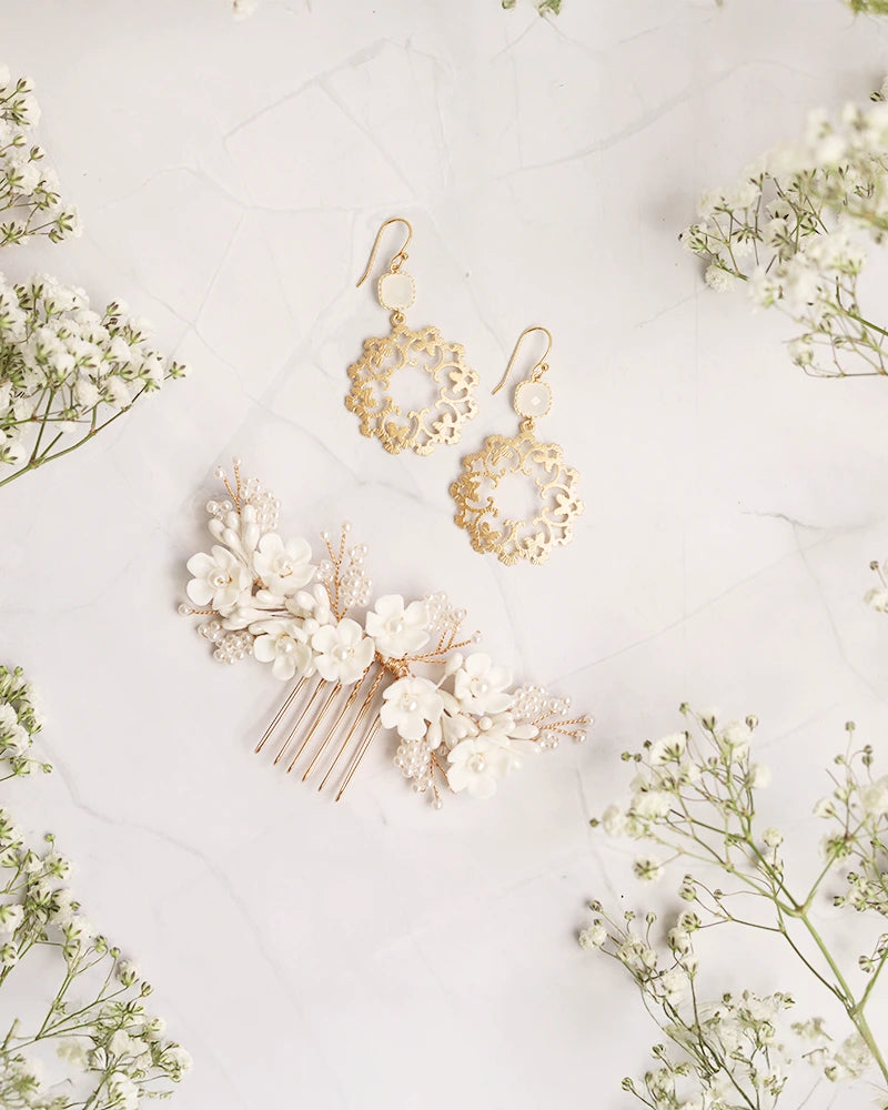 Peigne mariée blanc et doré - Atelier Sarah Aime 