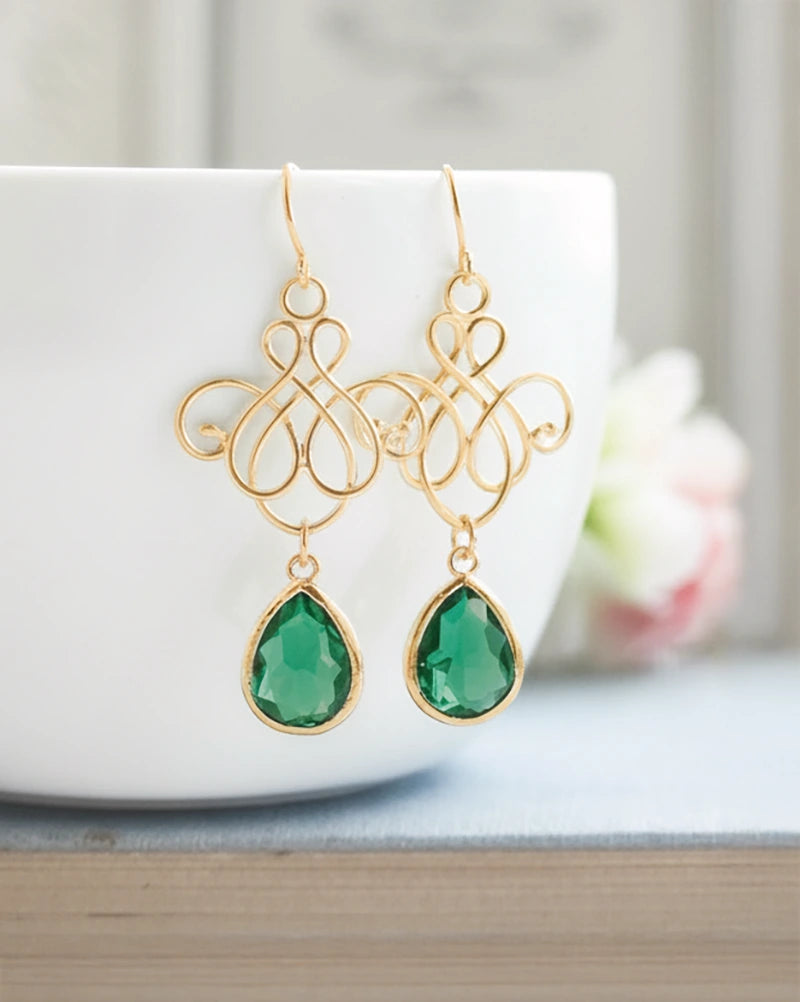 Boucles d'oreilles mariée vert émeraude doré - Atelier Sarah Aime