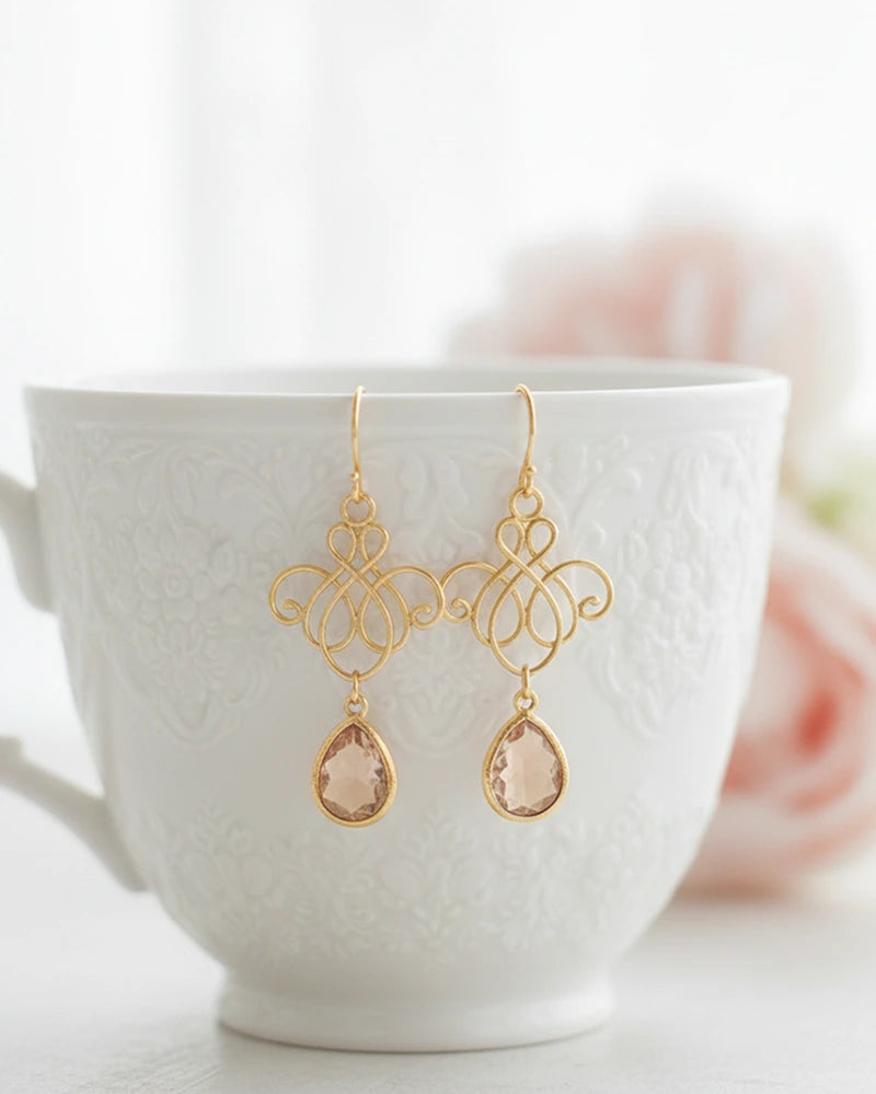 Boucles d'oreilles mariée peche et doré - Atelier Sarah Aime