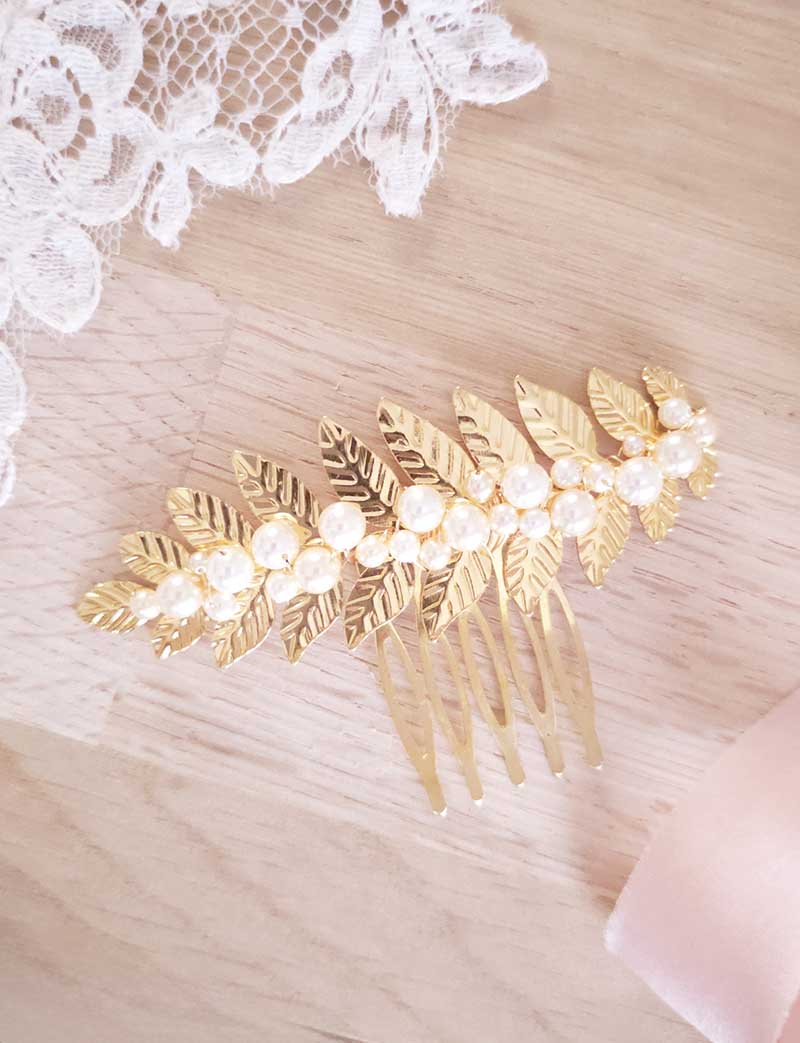 Peigne de mariée perles doré feuilles