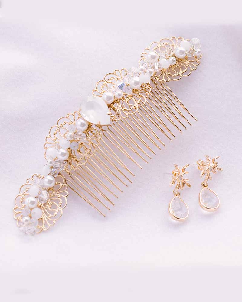 Peigne de mariée strass doré et blanc – modèle Alicia, création française Atelier Sarah Aime