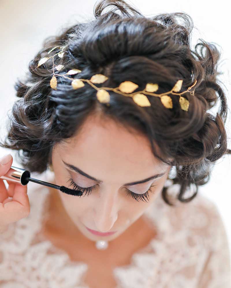 Bijou de tête mariage – modèle Vigna, feuillage doré.