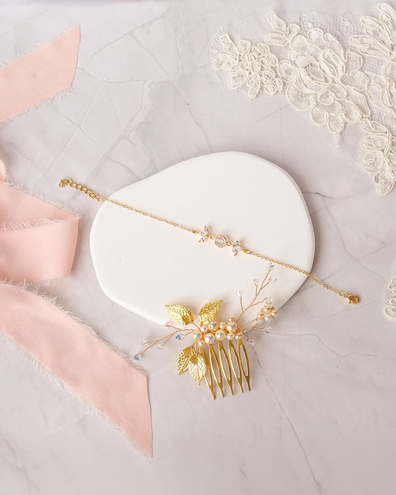 Peigne de mariée feuilles et perles – modèle Vivianne,-création française Atelier Sarah Aime