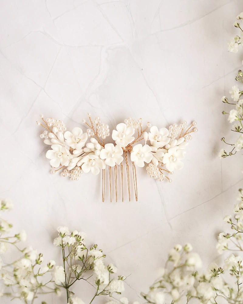 Peigne mariée blanc et doré - Atelier Sarah Aime 