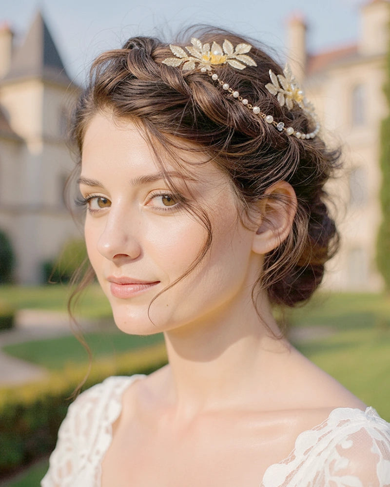 Peigne de mariée doré – modèle Ediane, perles et feuillage, création artisanale Atelier Sarah Aime
