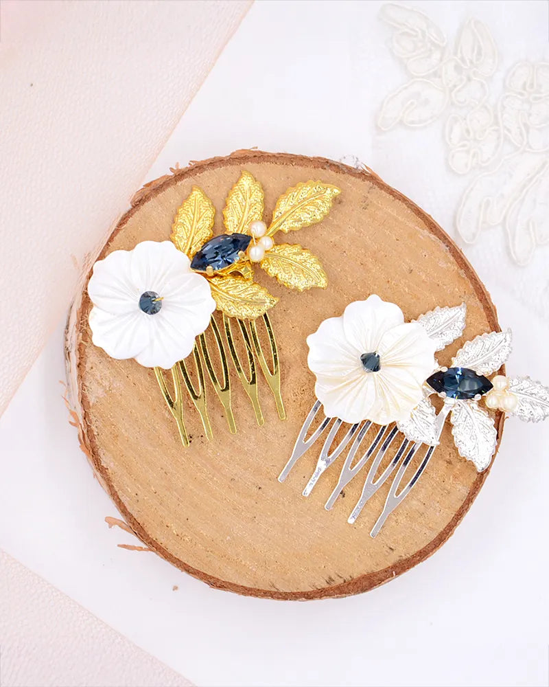 Peigne de mariée  bleu – modèle Inoé, création française Atelier Sarah Aime