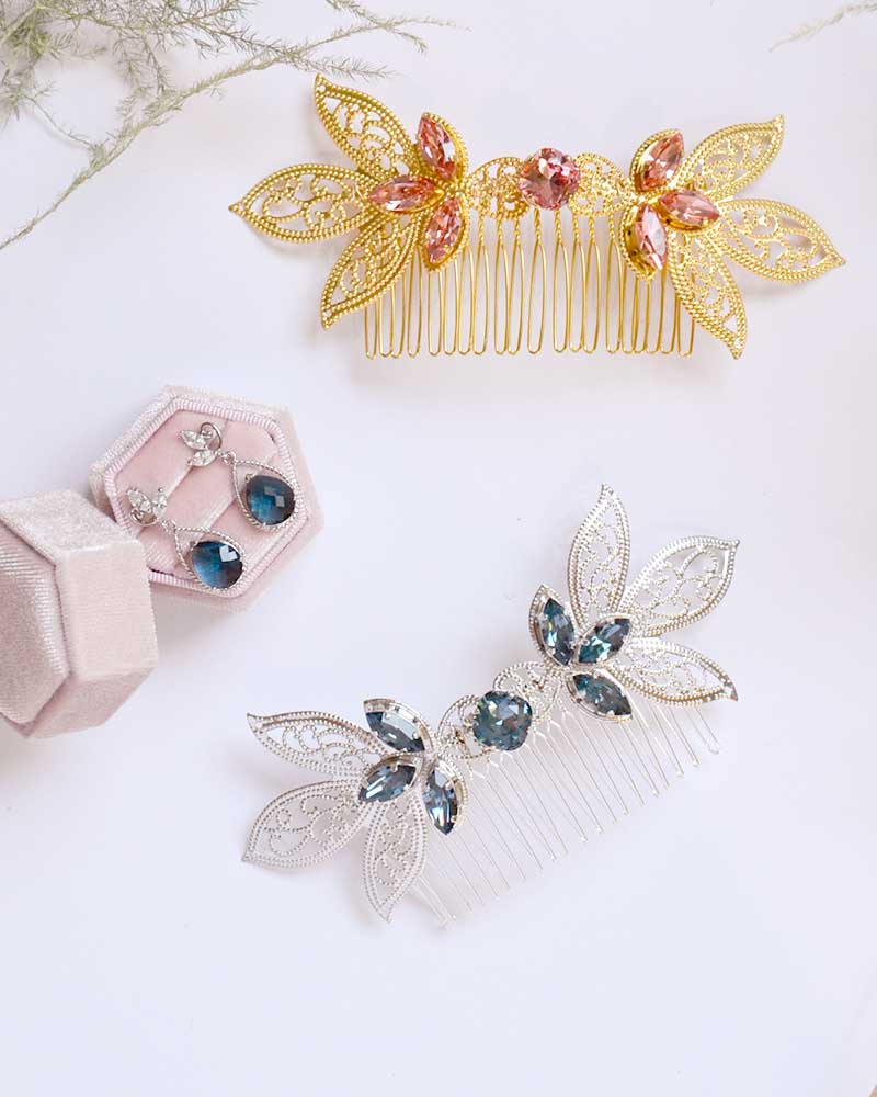 Peigne de mariée bleu – modèle Jasmin, création française Atelier Sarah Aime

