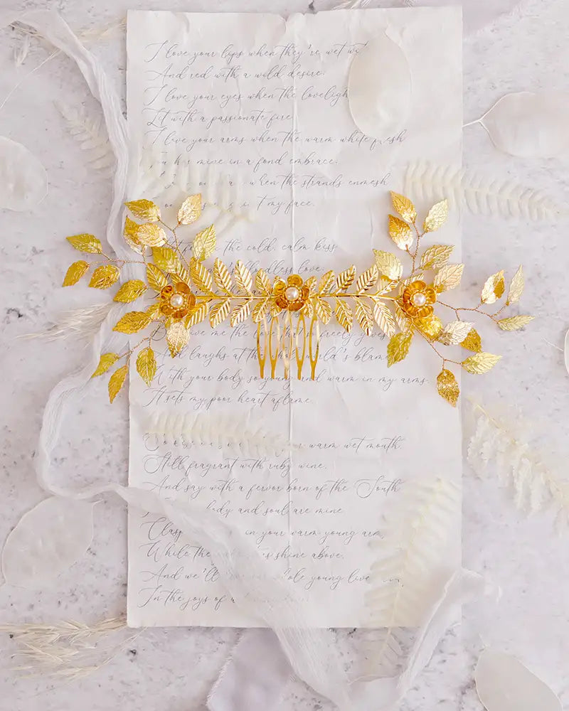 Peigne de mariée feuilles dorées 